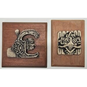 Pair Vintage Mayan Style Resin Wall Plaques on Wood – Hecho en Mexico